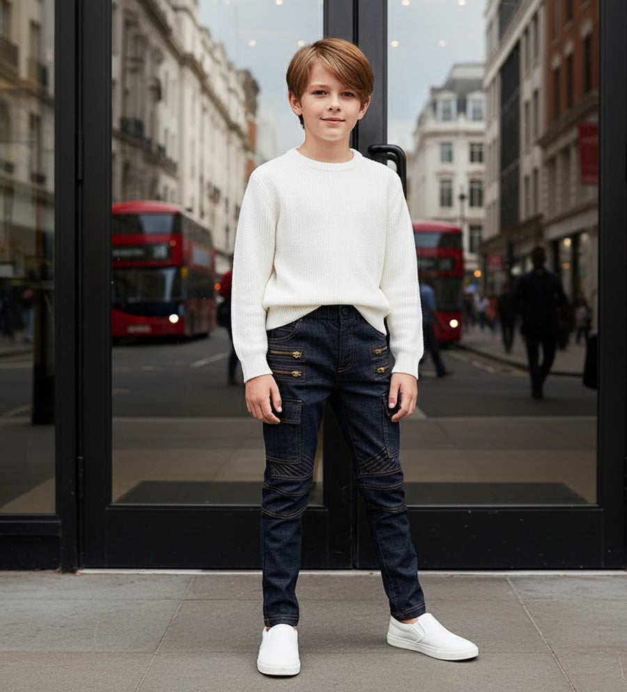 Boys Stretch Denim Casual jeans navy Blue & Black Cotton Trousers (4–12Y) kids