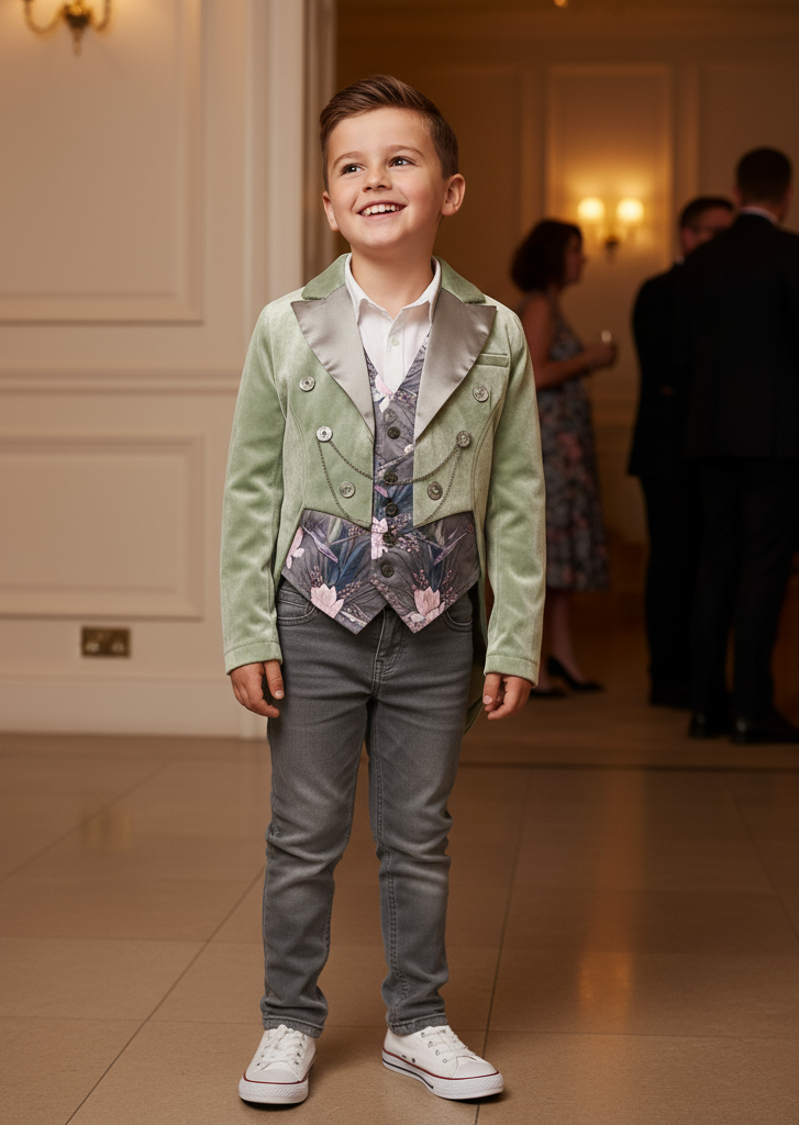 Boy's Formal Velvet Tuxedo Blazer Light Green Slim Fitchristmas party wear 4-12Y