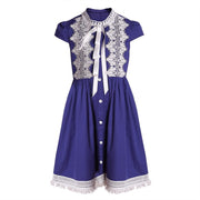 Girls Vintage Bright Blue Dress with White Lace – Soft Cotton, Ages 3-5 Years