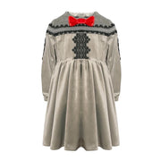 Girls’ Grey Velvet-Cotton long Dress Vintage Black Lace  3–10Y christmas gift