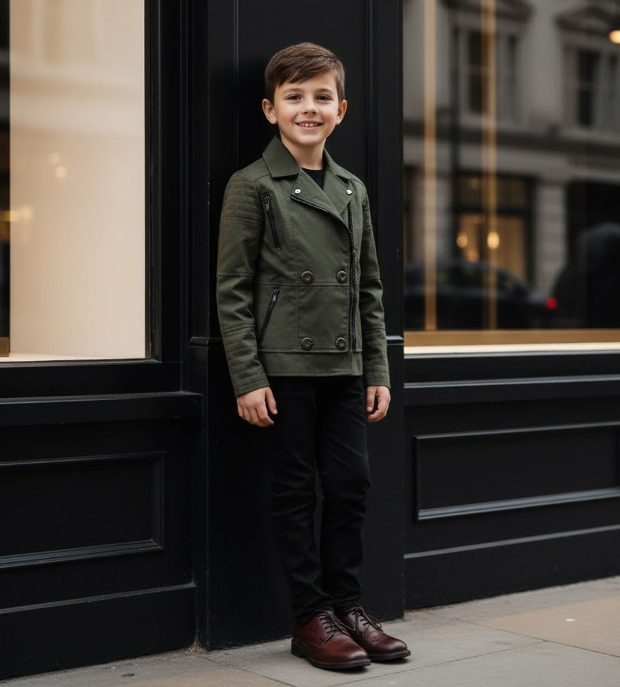 Boys' military Spring Autumn Jacket Cotton Wool Blend Green Black Coat 4-9Y