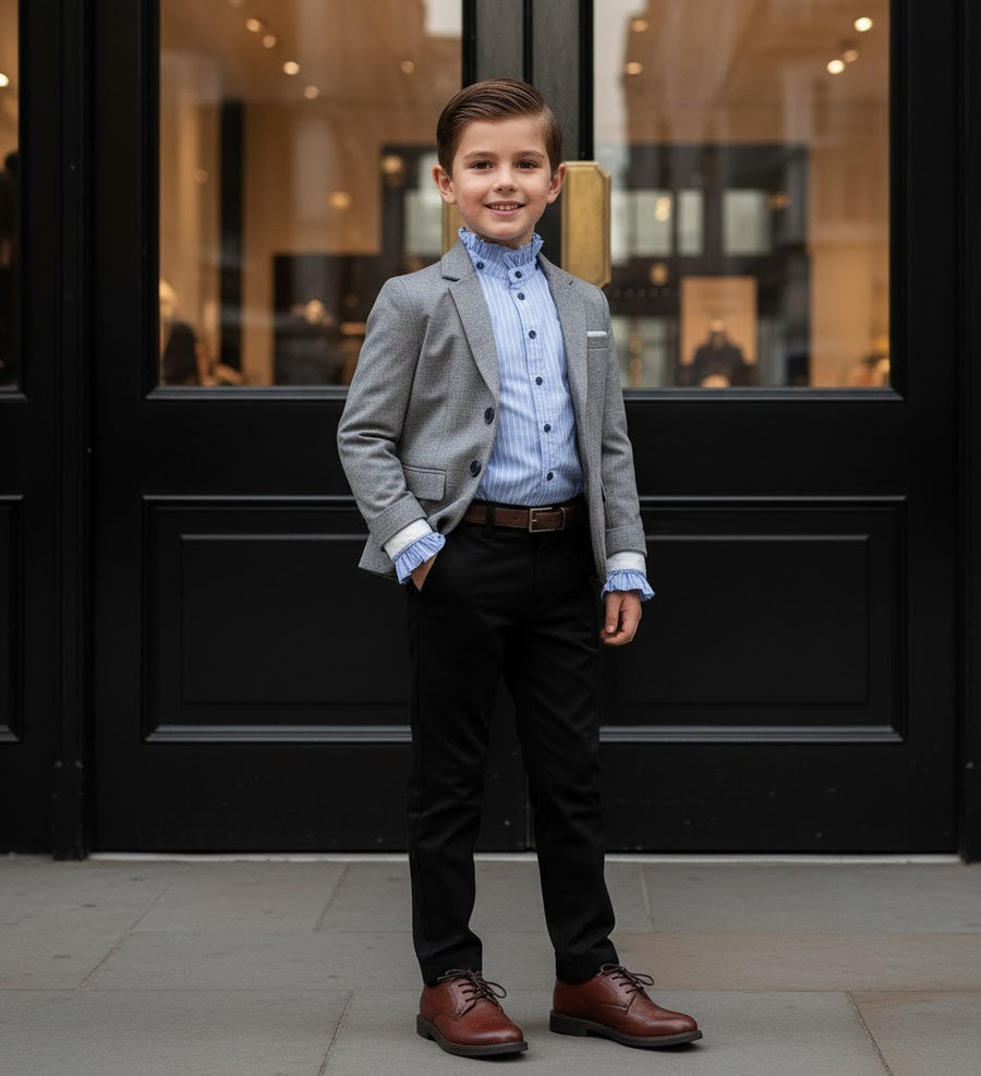 Boys' Light Blue Shirt  Vintage Style  Removable Collar party top 4–14 Y XMAS