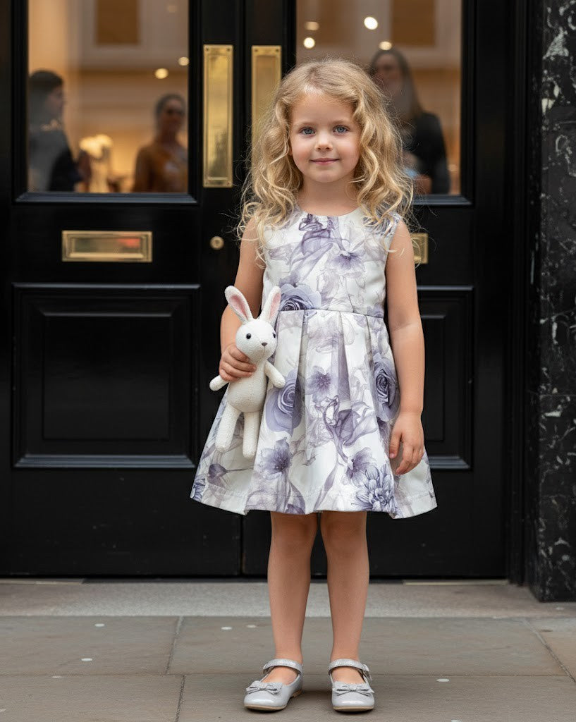 Girls Smoke Grey Sleeveless Floral Cocktail Dress with Elegant Bow