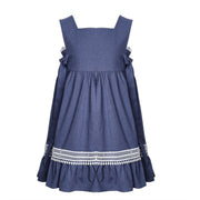 Girls Blue Cotton Dress Warm Layered Long Sleeve Outfit for Kids 3–9Y all season