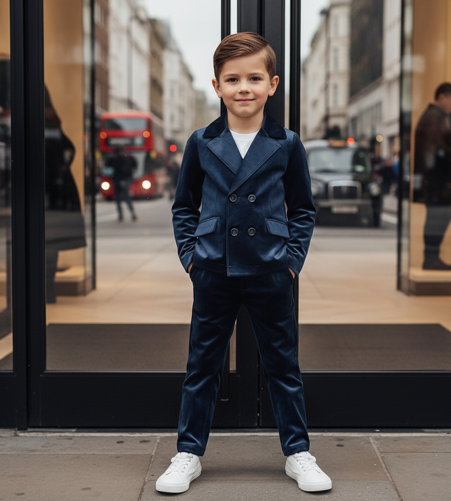 Boys Velvet Suit Set 3-10Y Navy Blazer & Trousers Casual & Stylish clearance