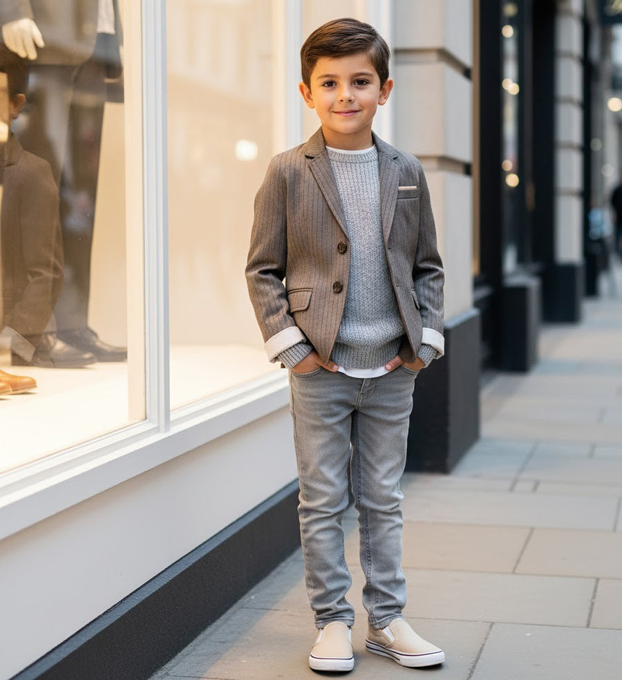 Boys grey Casual Blazer with Double Cuffs Short Suit Jacket 3–10 Y party XMAS