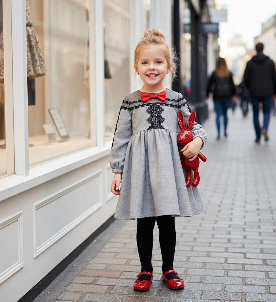 Girls’ Grey Velvet-Cotton long Dress Vintage Black Lace  3–10Y christmas gift