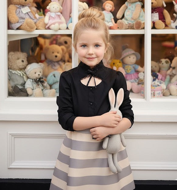 Girls Black Cotton Shirt long sleeve vintage style top 3-5Y toddler shirt