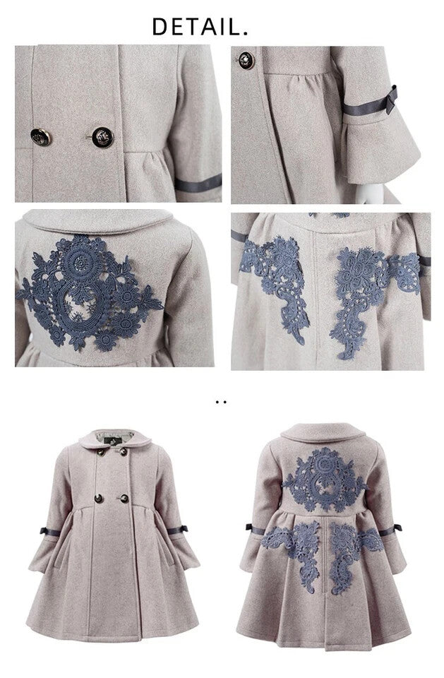 Girls Vintage winter Coat 4-5Y A-Line Princess dress coat with floral lace Wool