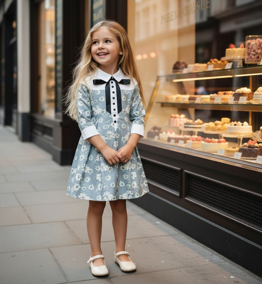 Vintage Floral Patchwork Doll Collar Dress girls 3-7Y  Elegant A-line Mid-Sleeve