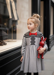 Girls’ Grey Velvet-Cotton long Dress Vintage Black Lace  3–10Y christmas gift