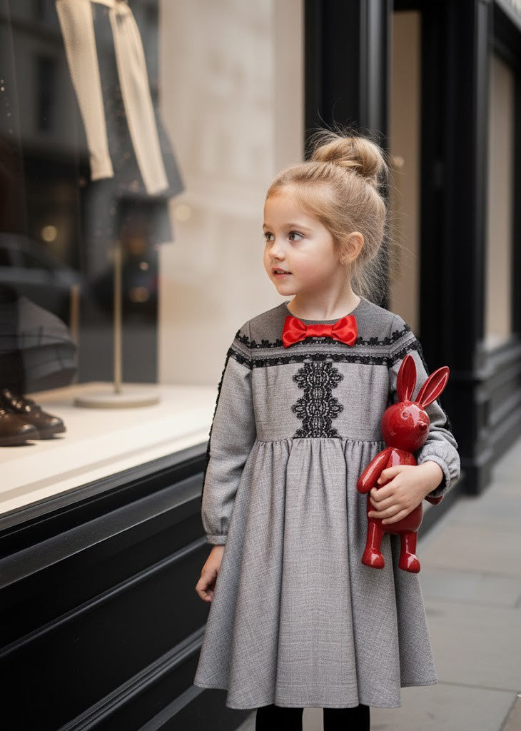 Girls’ Grey Velvet-Cotton long Dress Vintage Black Lace  3–10Y christmas gift