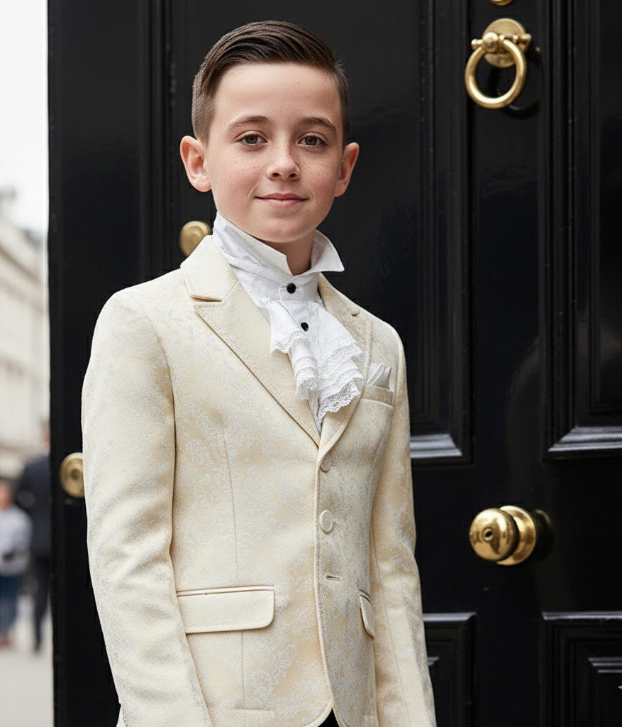 Boys' Gold Jacquard Blazer – High-End Formal Suit Jacket for Ages 8-12 Years