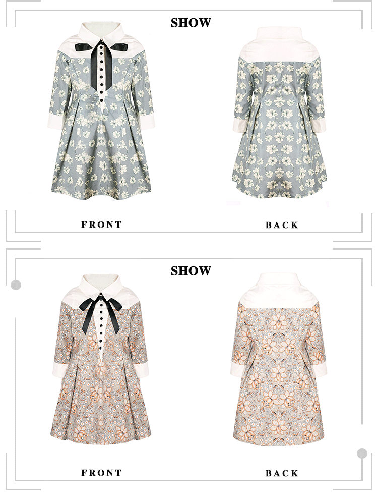 Vintage Floral Patchwork Doll Collar Dress girls 3-7Y  Elegant A-line Mid-Sleeve