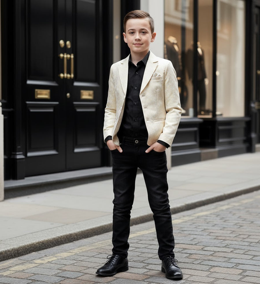 Boys' Gold Jacquard Blazer – High-End Formal Suit Jacket for Ages 8-12 Years