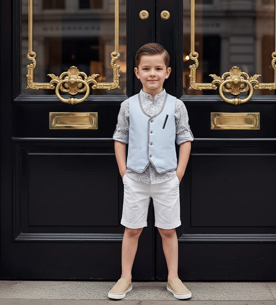 Boys Light Blue Cotton Vest Vintage Casual Style waistcoat 3–7 Y party wear XMAS