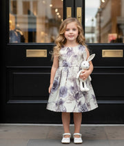 Girls Smoke Grey Sleeveless Floral Cocktail Dress with Elegant Bow