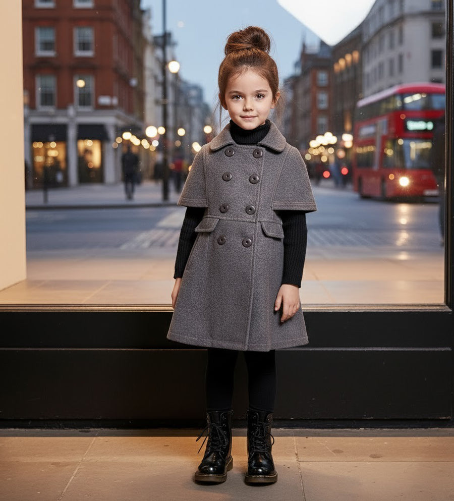 LAVANZEY Girls Cashmere Long Coat – Wine Red Baby Doll Cape (3–9 Yrs)