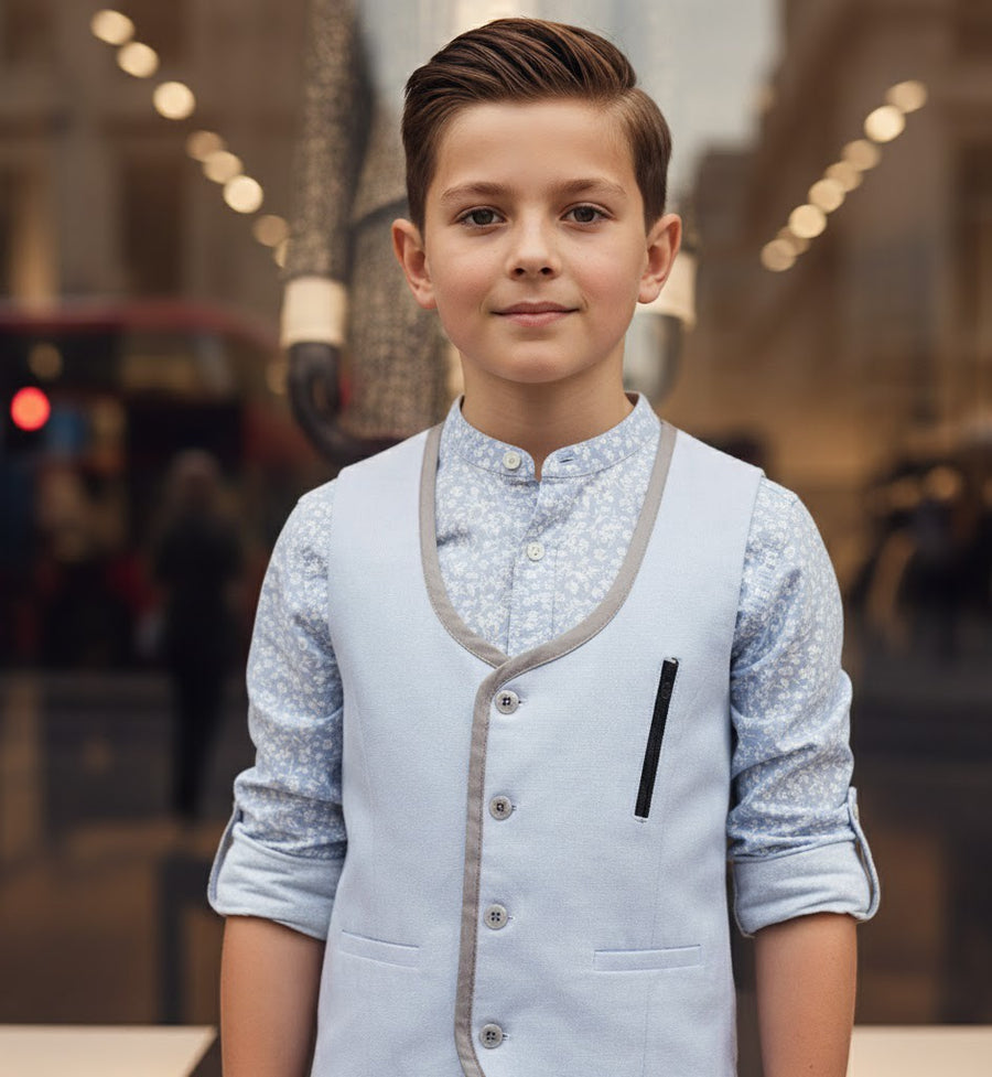 Boys Light Blue Cotton Vest Vintage Casual Style waistcoat 3–7 Y party wear XMAS