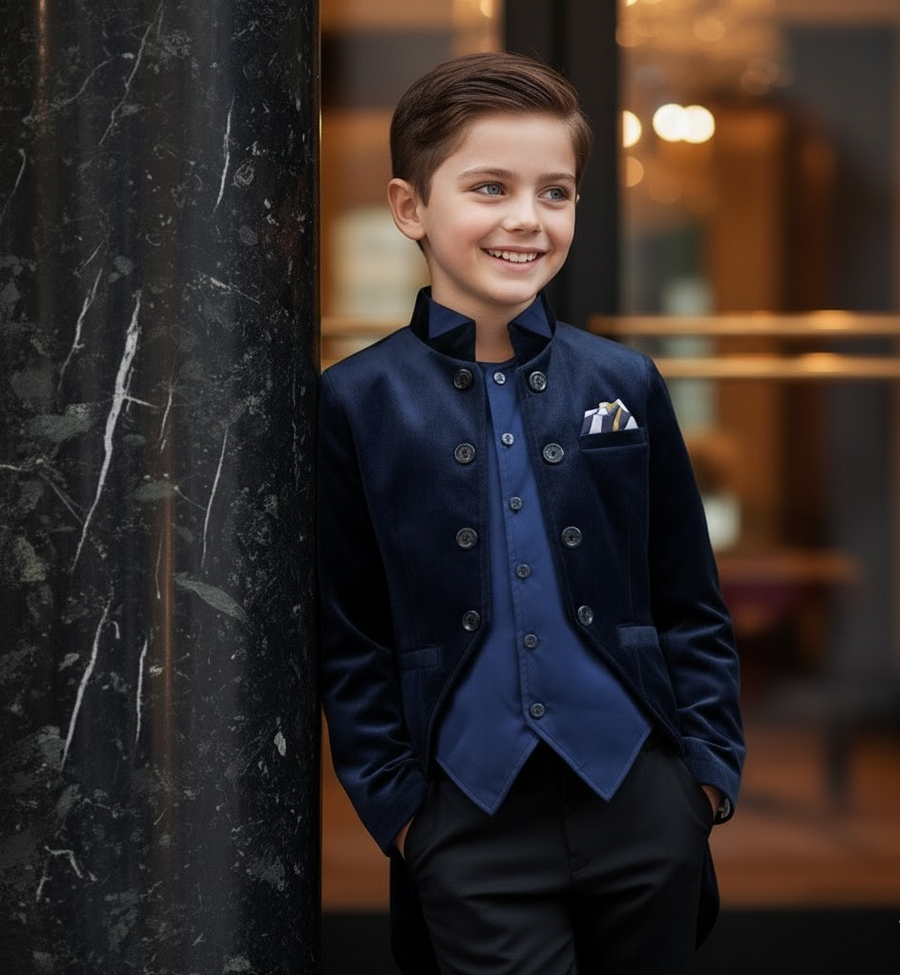 Boys Navy Velvet Tuxedo Blazer 3-4-5-6-7Y  Slim Fit Elegant Party holiday Jacket