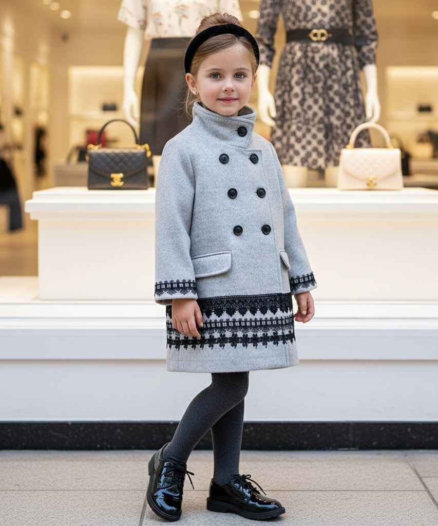 Girls Woolen Coat 2-3-4-5Y 2025 Vintage princess Doll-Style Jacket grey outwear