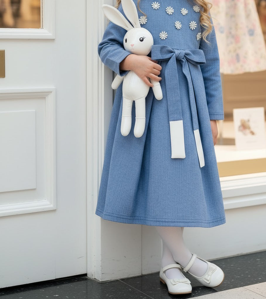 Girls blue Cotton Dress vintage long skirt Cotton Lining princess party  Xmas