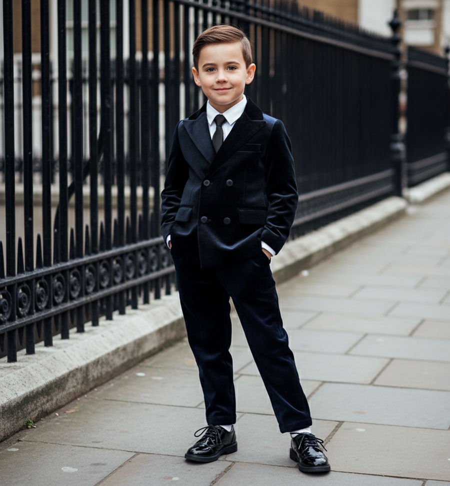 Boys Velvet Suit Set 3-10Y Navy Blazer & Trousers Casual & Stylish clearance