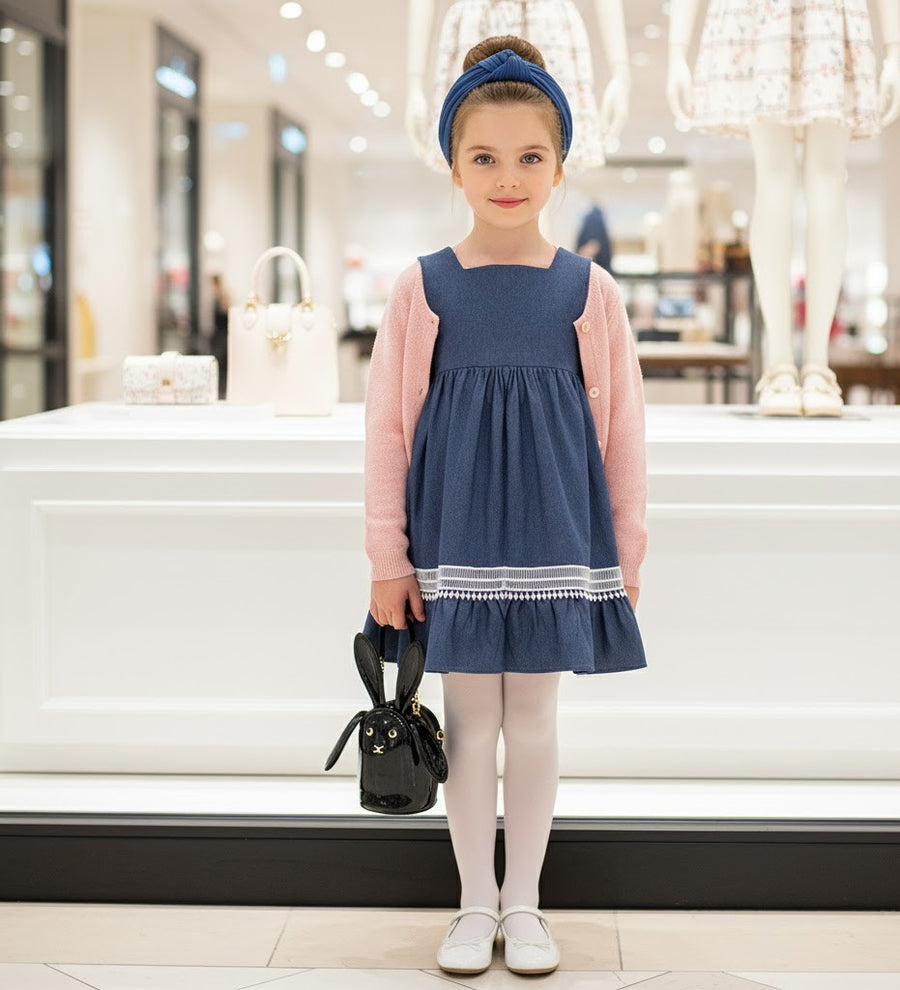 Girls Blue Cotton Dress Warm Layered Long Sleeve Outfit for Kids 3–9Y all season