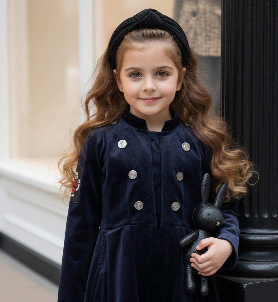 Girls Trench Coat Dress 3-4-5 y 2025 new Vintage Navy blue Velvet A-Line dress