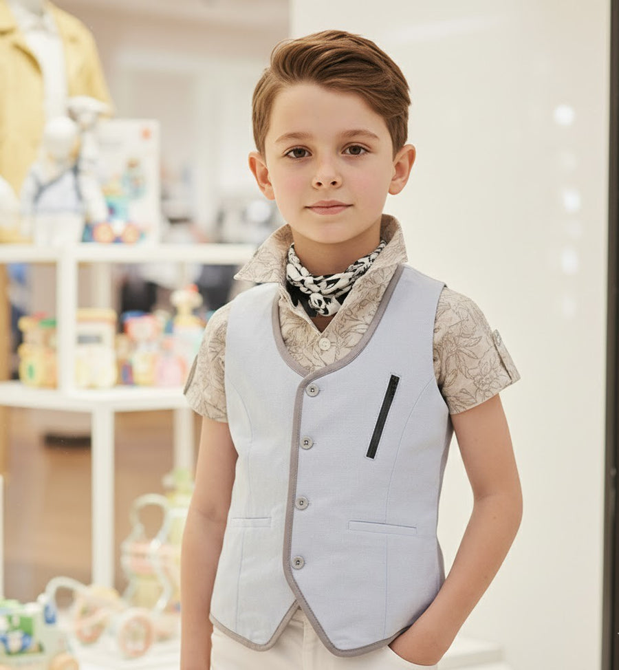 Boys Light Blue Cotton Vest Vintage Casual Style waistcoat 3–7 Y party wear XMAS