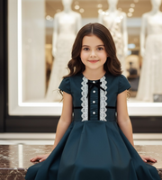 Girls Vintage dark green Dress beautfiful White Lace Cotton long dresses 3-7Y