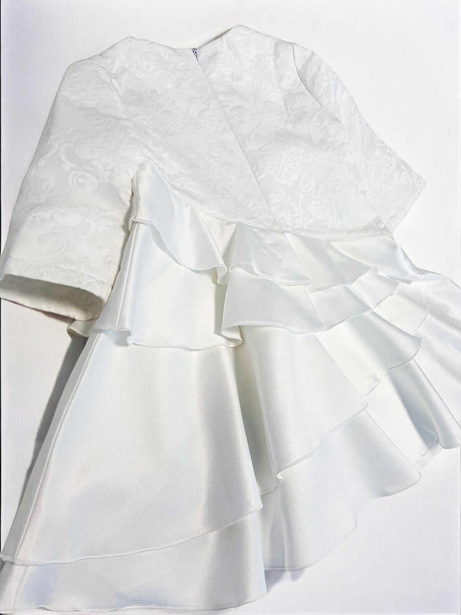 Girls princess White Jacquard Satin dress Elegant Multi-Layer Party Wear XMAS
