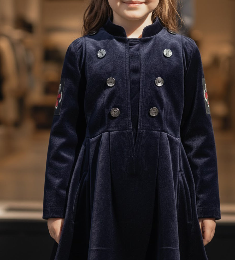 Girls Trench Coat Dress 3-4-5 y 2025 new Vintage Navy blue Velvet A-Line dress