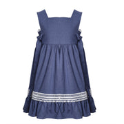 Girls Blue Cotton Dress Warm Layered Long Sleeve Outfit for Kids 3–9Y all season