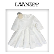 Girls princess White Jacquard Satin dress Elegant Multi-Layer Party Wear XMAS