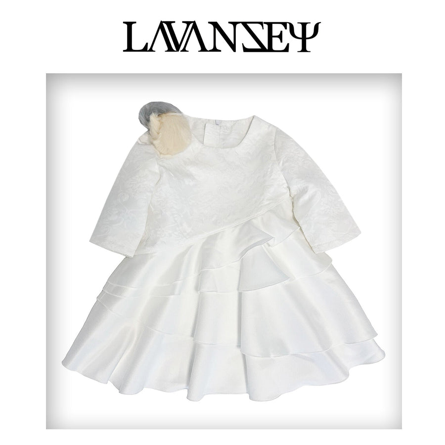 Girls princess White Jacquard Satin dress Elegant Multi-Layer Party Wear XMAS