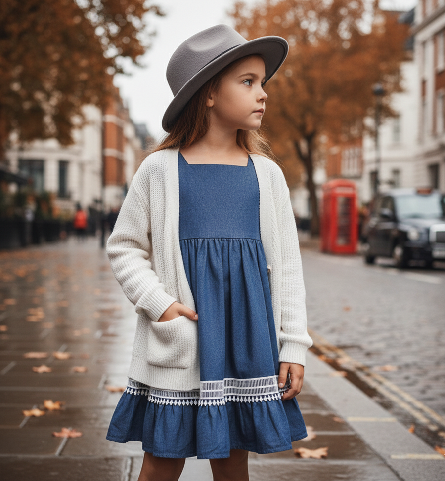 Girls Blue Cotton Dress Warm Layered Long Sleeve Outfit for Kids 3–9Y all season