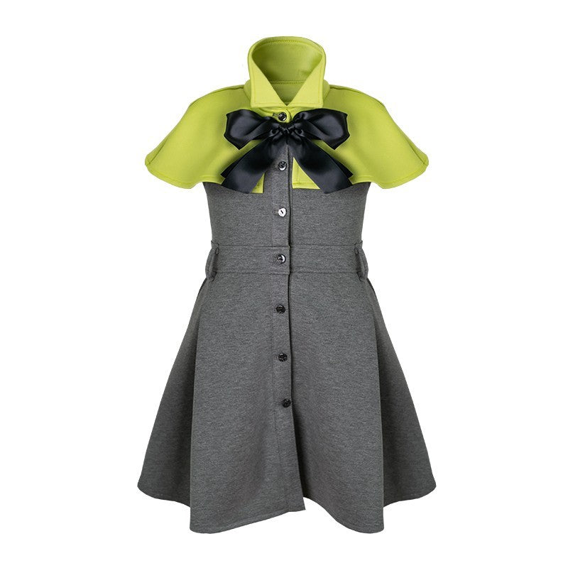 Girls Cape Dress Apple Green with Bow Soft Scuba Fabric Princess Outfit winter