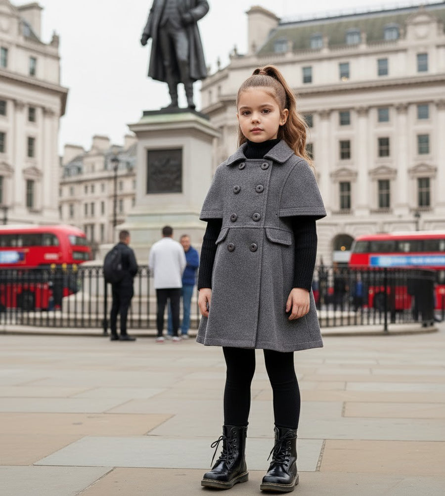 LAVANZEY Girls Cashmere Long Coat – Wine Red Baby Doll Cape (3–9 Yrs)