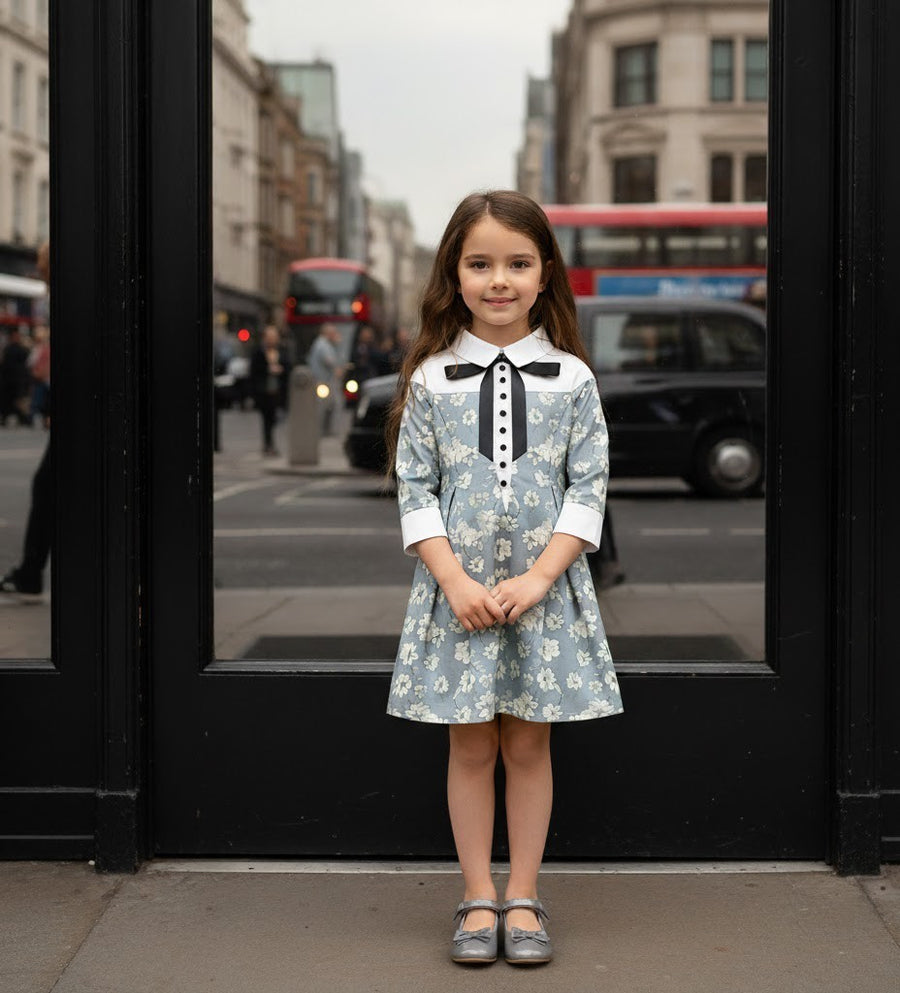 Vintage Floral Patchwork Doll Collar Dress girls 3-7Y  Elegant A-line Mid-Sleeve