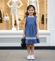 Girls Blue Cotton Dress Warm Layered Long Sleeve Outfit for Kids 3–9Y all season