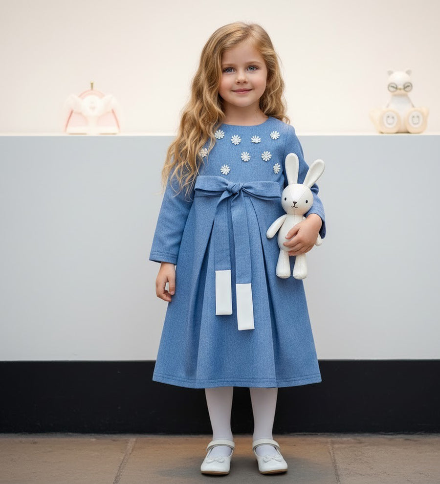 Girls blue Cotton Dress vintage long skirt Cotton Lining princess party  Xmas