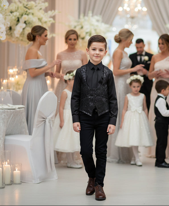 Boys Black Brocade Waistcoat – Formal Page Boy Vest for Wedding, Party & Special Occasions (Ages 4–9)