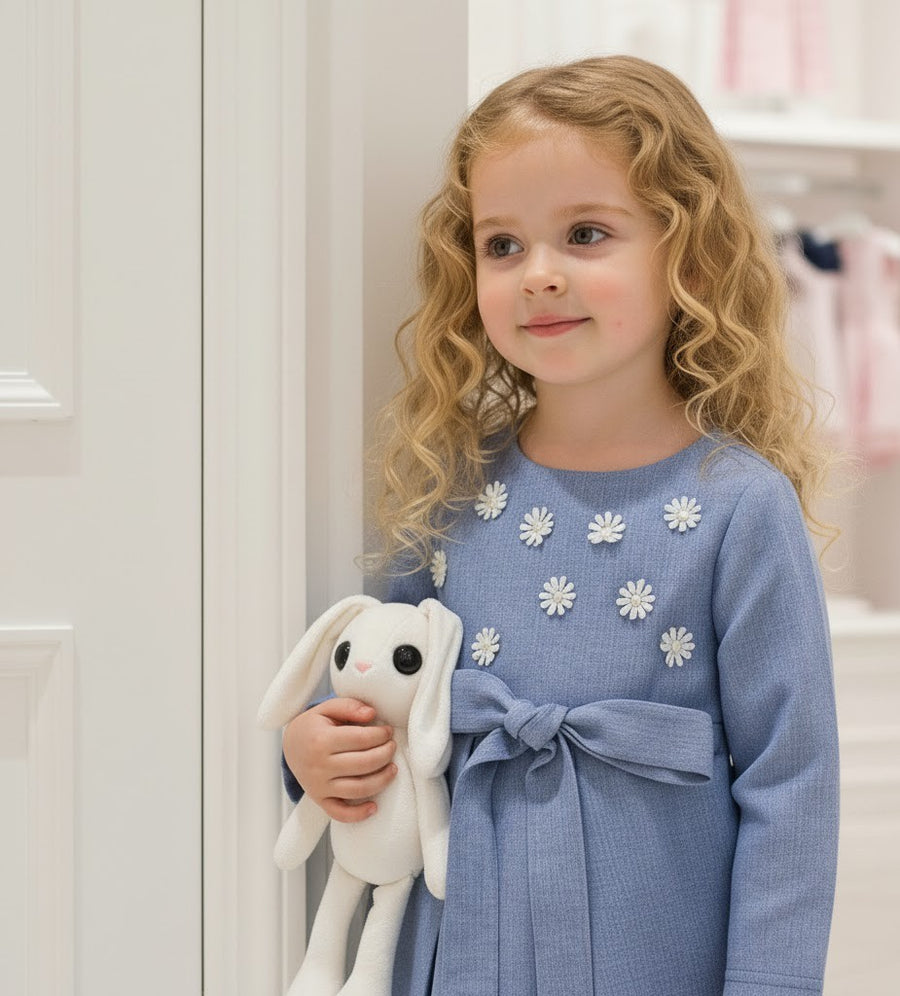 Girls blue Cotton Dress vintage long skirt Cotton Lining princess party  Xmas