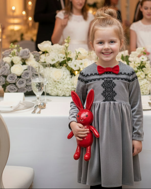 Girls Grey Velvet Lace Occasion Dress – Vintage A-Line Party & Wedding Dress with Black Lace Detail (Ages 3–10)