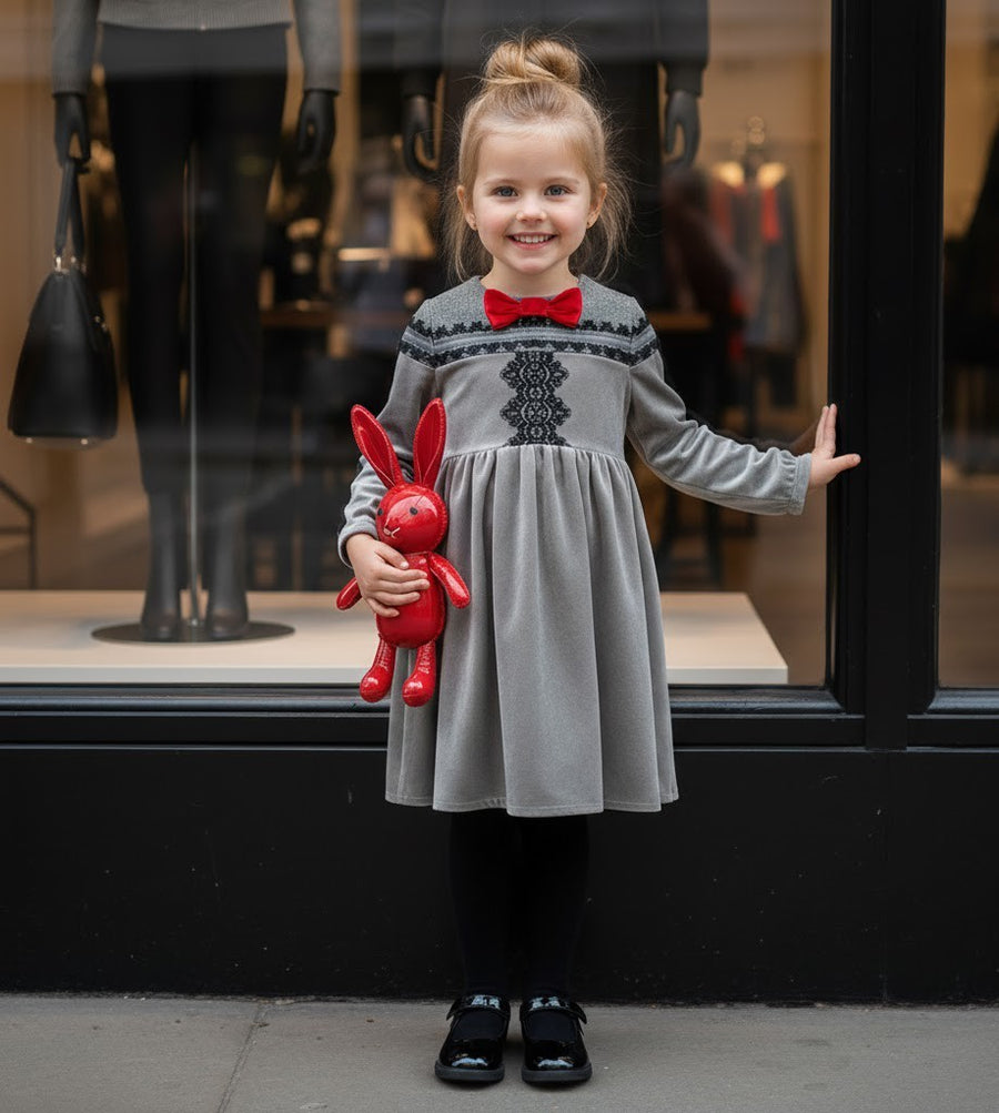 Girls’ Grey Velvet-Cotton long Dress Vintage Black Lace  3–10Y christmas gift