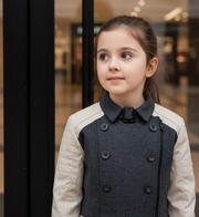 Girls Color Block short Trench Coat 4-12Y beige & Dark Gray autumn jacket kids