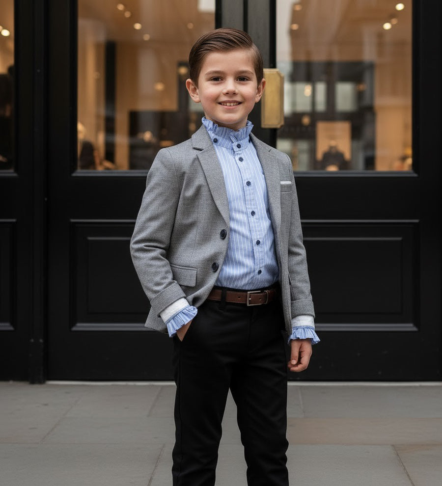 Boys' Light Blue Shirt  Vintage Style  Removable Collar party top 4–14 Y XMAS