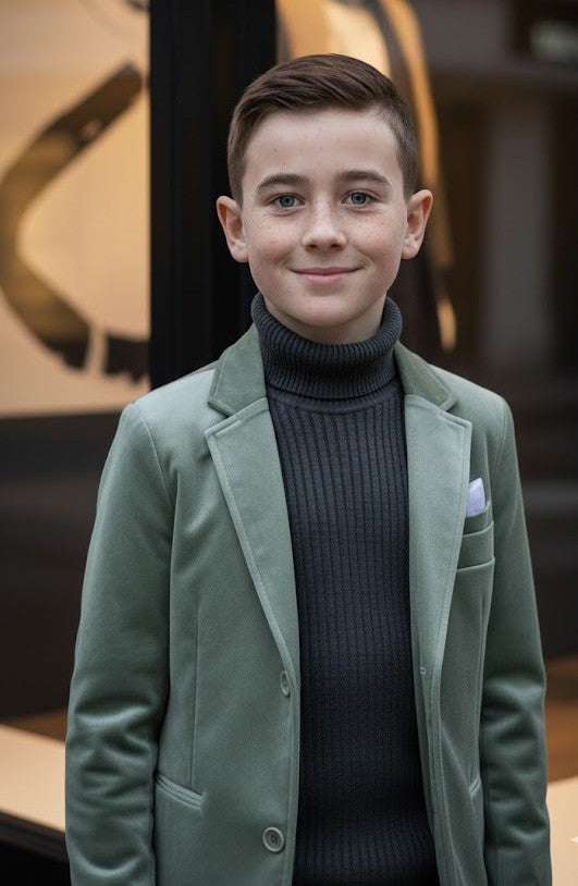 Boys' Green Matte Velvet Blazer – Soft, Stylish & Comfortable, Ages 6-12 Years