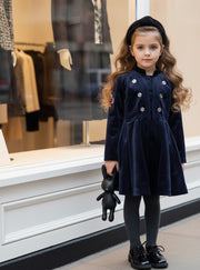 Girls Trench Coat Dress 3-4-5 y 2025 new Vintage Navy blue Velvet A-Line dress
